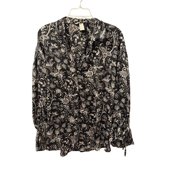 H&M Floral Black White Long Sleeve Blouse Polyester Botanical Print Sz L - Picture 6 of 12